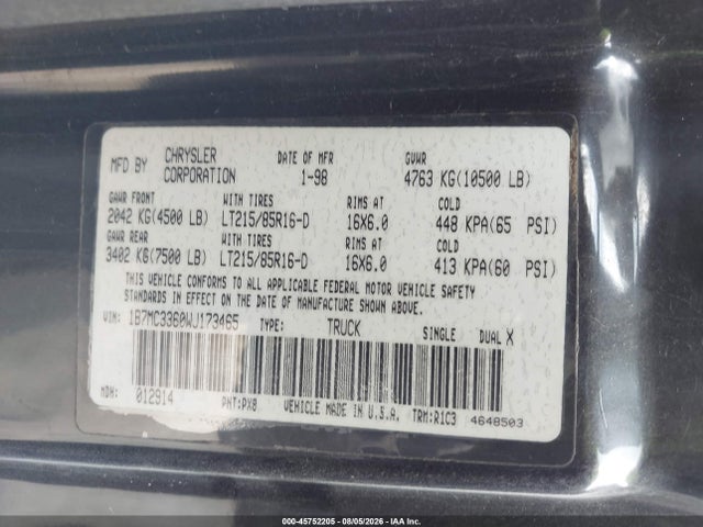 1998 Dodge Ram 3500 St მანქანა იყიდება აუქციონზე, vin: 1B7MC3360WJ173465, აუქციონის ნომერი: 45752205
