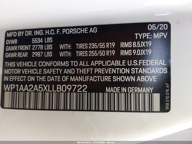 Продажа на аукционе авто 2020 Porsche Macan, vin: WP1AA2A5XLLB09722, номер лота: 45752212