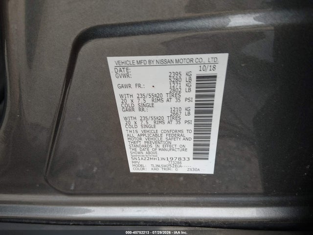 2018 Nissan Murano Platinum მანქანა იყიდება აუქციონზე, vin: 5N1AZ2MH1JN197833, აუქციონის ნომერი: 45752213