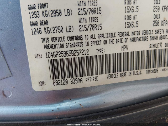 45752215 :رقم المزاد ، 1D4GP25B65B257212 vin ، 2005 Dodge Caravan Se مزاد بيع