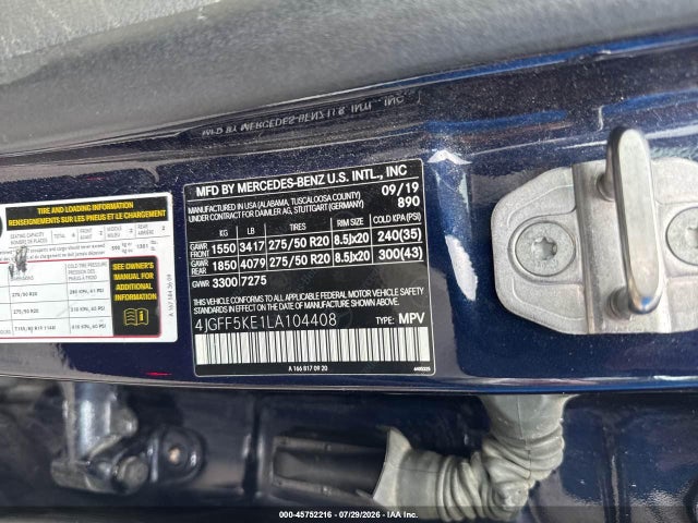 Aukcja sprzedaży 2020 Mercedes-benz Gls 450 4matic, vin: 4JGFF5KE1LA104408, numer aukcji: 45752216