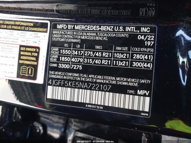 4JGFF5KE5NA722107 Mercedes-Benz Gls 450 4matic
