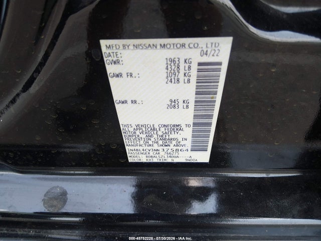Продаж на аукціоні авто 2022 Nissan Altima Sr Fwd, vin: 1N4BL4CV3NN375864, номер лоту: 45752228