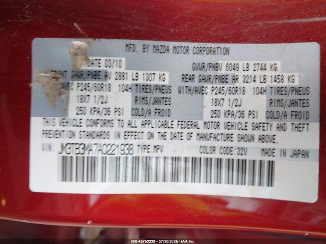 Aukcja sprzedaży 2010 Mazda Cx-9 Touring, vin: JM3TB3MA7A0221938, numer aukcji: 45752229
