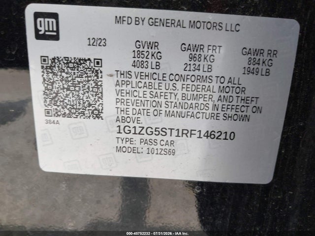 Продаж на аукціоні авто 2024 Chevrolet Malibu Fwd Rs, vin: 1G1ZG5ST1RF146210, номер лоту: 45752232