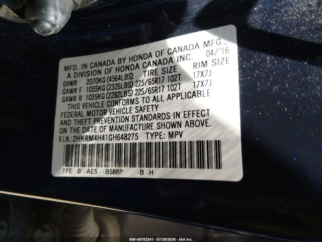 Продажа на аукционе авто 2016 Honda Cr-v Se, vin: 2HKRM4H41GH648275, номер лота: 45752241