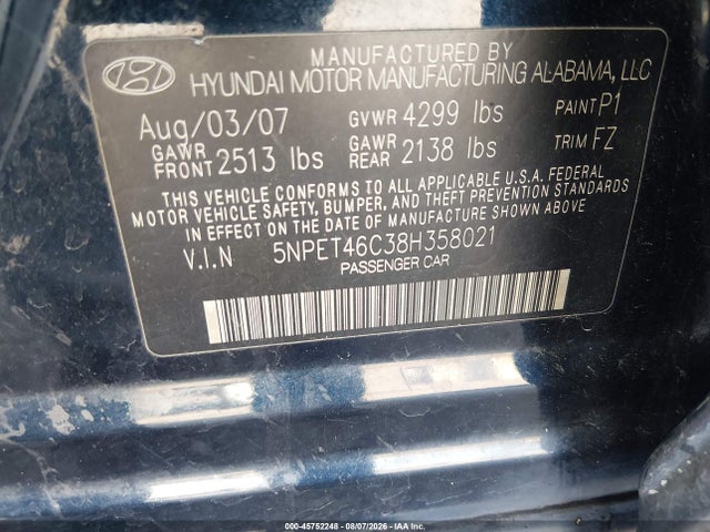 45752248 :رقم المزاد ، 5NPET46C38H358021 vin ، 2008 Hyundai Sonata Gls مزاد بيع