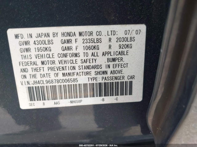 45752251 :رقم المزاد ، JH4CL96878C006585 vin ، 2008 Acura Tsx مزاد بيع