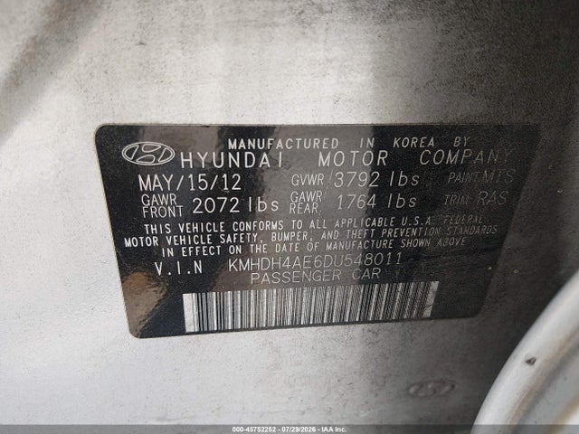 Продажа на аукционе авто 2013 Hyundai Elantra Gls, vin: KMHDH4AE6DU548011, номер лота: 45752252
