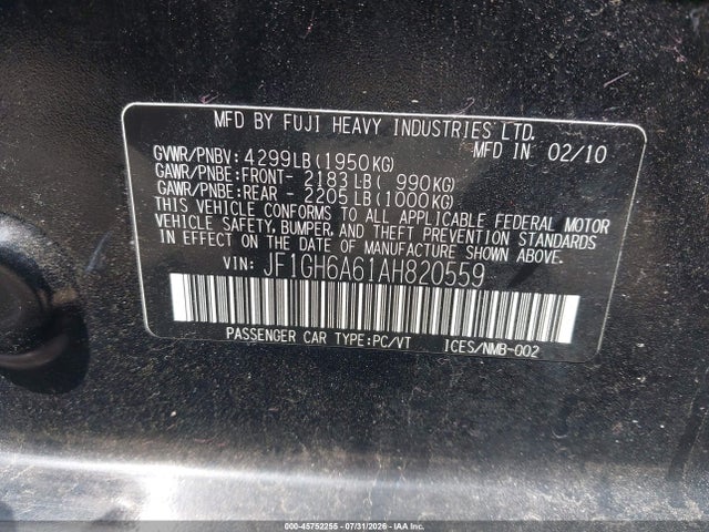 Aukcja sprzedaży 2010 Subaru Impreza 2.5i, vin: JF1GH6A61AH820559, numer aukcji: 45752255