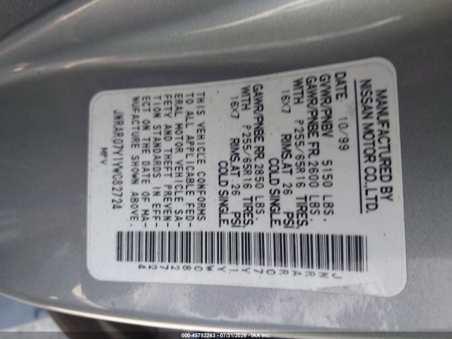 Auction sale of the 2000 Infiniti Qx4, vin: JNRAR07Y1YW082724, lot number: 45752263