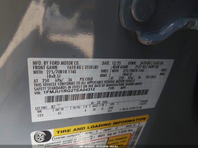 Продажа на аукционе авто 2026 Ford Expedition Tremor, vin: 1FMJU1RG2TEA04312, номер лота: 45752285