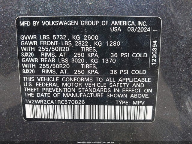 45752288 :رقم المزاد ، 1V2WR2CA1RC570826 vin ، 2024 Volkswagen Atlas 2.0t Se W/technology مزاد بيع
