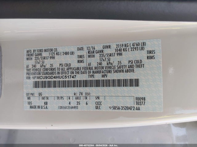 Ford ESCAPE SE 2017 1FMCU9GD4HUC51747 Image 9