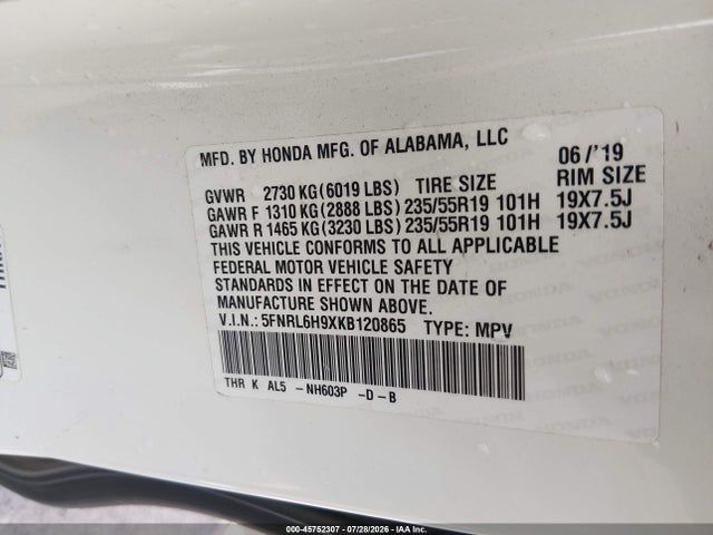 2019 Honda Odyssey Elite მანქანა იყიდება აუქციონზე, vin: 5FNRL6H9XKB120865, აუქციონის ნომერი: 45752307