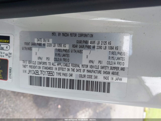 45752319 :رقم المزاد ، JM1CW2BL7F0179550 vin ، 2015 Mazda Mazda5 Sport مزاد بيع
