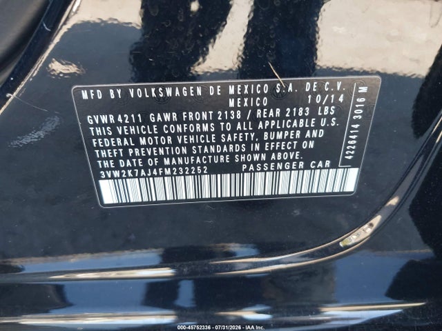 2015 Volkswagen Jetta 2.0l S მანქანა იყიდება აუქციონზე, vin: 3VW2K7AJ4FM232252, აუქციონის ნომერი: 45752336