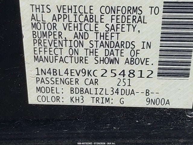Nissan Altima 2.5 Sl 2019 1N4BL4EV9KC254812 Image 9