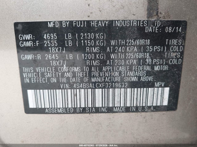 45752363 :رقم المزاد ، 4S4BSALCXF3219632 vin ، 2015 Subaru Outback 2.5i Limited مزاد بيع