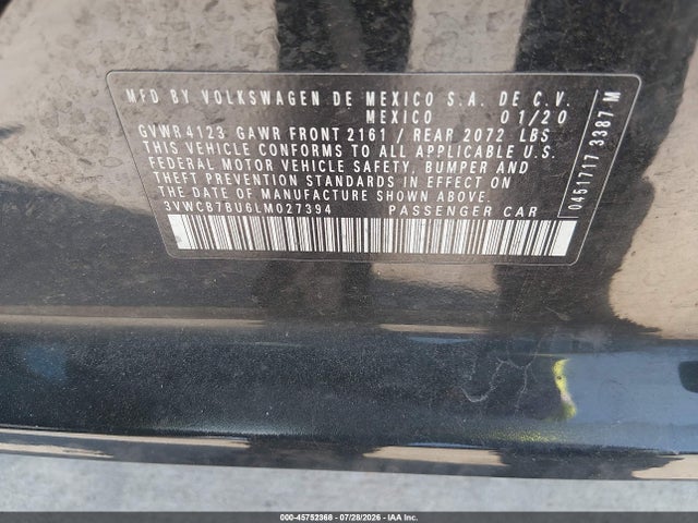 2020 Volkswagen Jetta მანქანა იყიდება აუქციონზე, vin: 3VWCB7BU6LM027394, აუქციონის ნომერი: 45752368