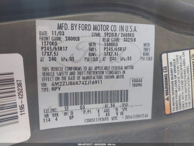 Продаж на аукціоні авто 2004 Mercury Mountaineer, vin: 4M2ZU86K74ZJ16911, номер лоту: 45752377
