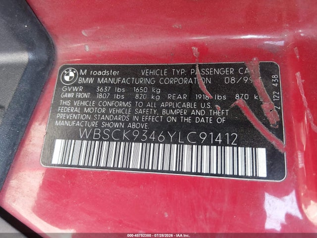 45752380 :رقم المزاد ، WBSCK9346YLC91412 vin ، 2000 Bmw M مزاد بيع