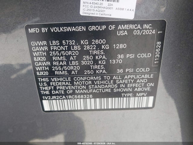 Aukcja sprzedaży 2024 Volkswagen Atlas 2.0t Se W/technology, vin: 1V2JR2CA1RC568326, numer aukcji: 45752388