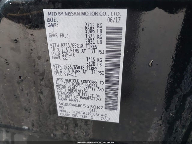45752390 :رقم المزاد ، 5N1DL0MM1HC553087 vin ، 2017 Infiniti Qx60 مزاد بيع