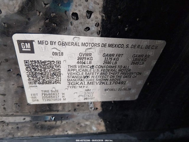 45752398 :رقم المزاد ، 3GKALMEV2KL170491 vin ، 2019 Gmc Terrain Sle مزاد بيع