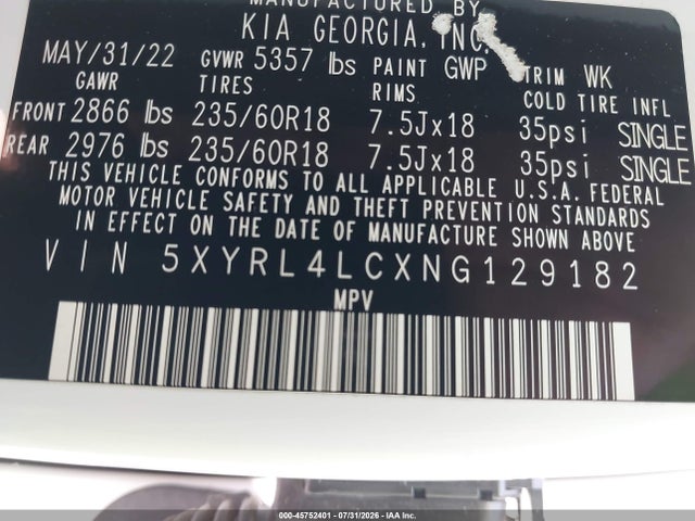 Aukcja sprzedaży 2022 Kia Sorento S, vin: 5XYRL4LCXNG129182, numer aukcji: 45752401