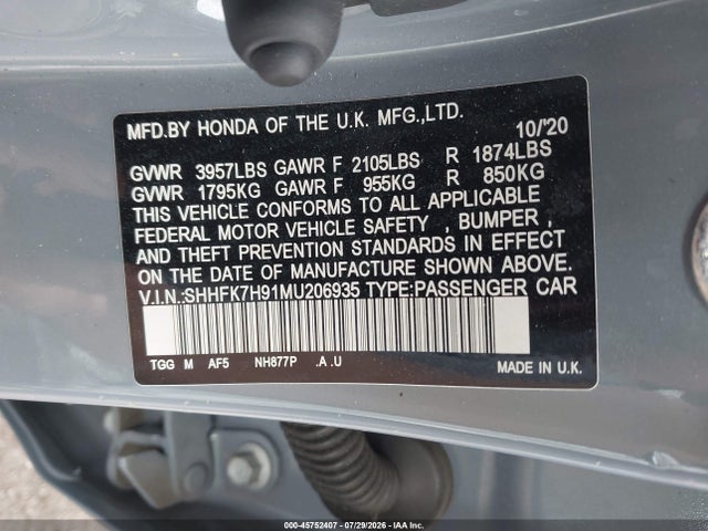 45752407 :رقم المزاد ، SHHFK7H91MU206935 vin ، 2021 Honda Civic Sport Touring مزاد بيع