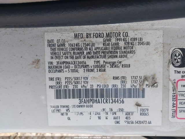 Продаж на аукціоні авто 2012 Ford Fusion Se, vin: 3FAHP0HA1CR134456, номер лоту: 45752409