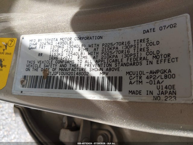 Продаж на аукціоні авто 2002 Lexus Rx 300, vin: JTJGF10UX20148002, номер лоту: 45752424