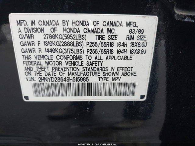45752426 :رقم المزاد ، 2HNYD28649H515985 vin ، 2009 Acura Mdx Technology Package مزاد بيع