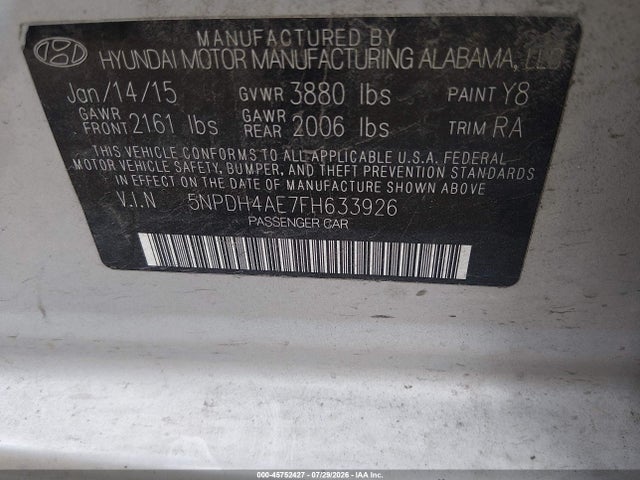 2015 Hyundai Elantra Se მანქანა იყიდება აუქციონზე, vin: 5NPDH4AE7FH633926, აუქციონის ნომერი: 45752427