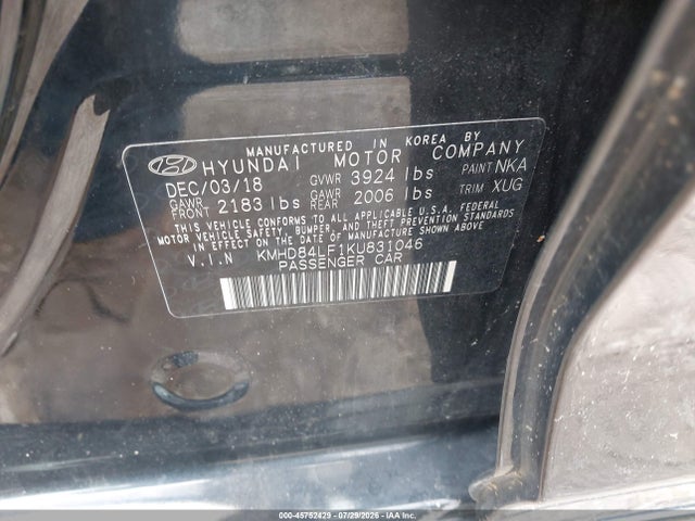 Aukcja sprzedaży 2019 Hyundai Elantra Limited, vin: KMHD84LF1KU831046, numer aukcji: 45752429