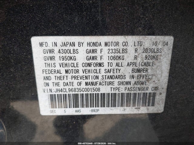 Aukcja sprzedaży 2005 Acura Tsx, vin: JH4CL96835C001508, numer aukcji: 45752449