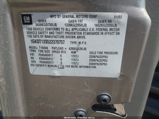 45752452 :رقم المزاد ، 1GKDT13S522378757 vin ، 2002 Gmc Envoy مزاد بيع