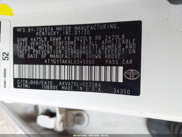 45752463 :رقم المزاد ، 4T1G11AKXLU345000 vin ، 2020 Toyota Camry Se مزاد بيع