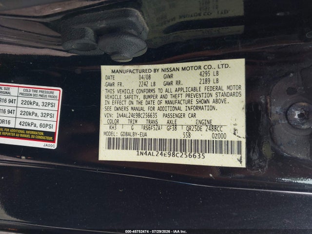 Продаж на аукціоні авто 2008 Nissan Altima 2.5 S, vin: 1N4AL24E98C256635, номер лоту: 45752474