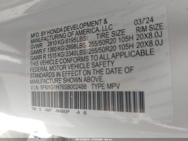 45752478 :رقم المزاد ، 5FNYG1H76SB002488 vin ، 2025 Honda Pilot Touring مزاد بيع