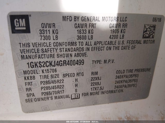 45752496 :رقم المزاد ، 1GKS2CKJ4GR400499 vin ، 2016 Gmc Yukon Denali مزاد بيع