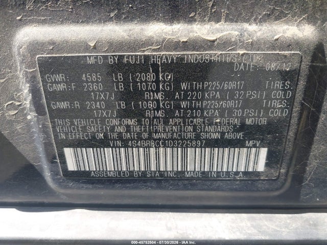 2013 Subaru Outback 2.5i Premium მანქანა იყიდება აუქციონზე, vin: 4S4BRBCC1D3225897, აუქციონის ნომერი: 45752504