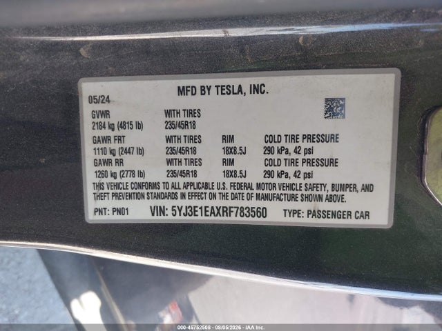 Продажа на аукционе авто 2024 Tesla Model 3 Long Range Dual Motor All-wheel Drive/rear-wheel Drive, vin: 5YJ3E1EAXRF783560, номер лота: 45752508
