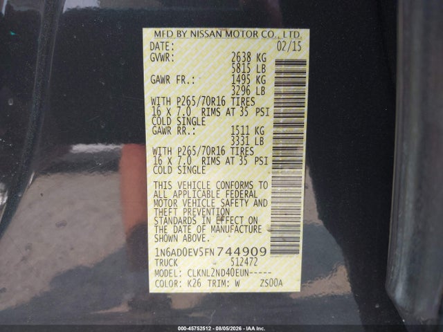 Aukcja sprzedaży 2015 Nissan Frontier Pro-4x/s/sl/sv, vin: 1N6AD0EV5FN744909, numer aukcji: 45752512