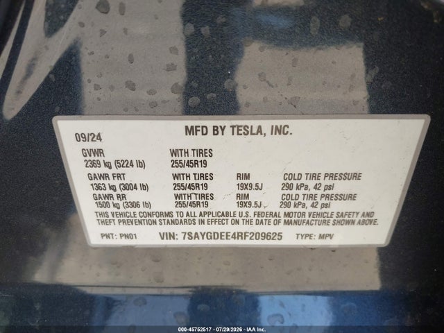 Auction sale of the 2024 Tesla Model Y Long Range Dual Motor All-wheel Drive, vin: 7SAYGDEE4RF209625, lot number: 45752517