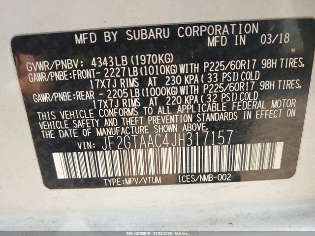 Продаж на аукціоні авто 2018 Subaru Crosstrek 2.0i, vin: JF2GTAAC4JH317157, номер лоту: 45752518