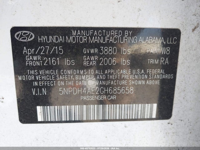 45752523 :رقم المزاد ، 5NPDH4AE2GH685658 vin ، 2016 Hyundai Elantra Se مزاد بيع
