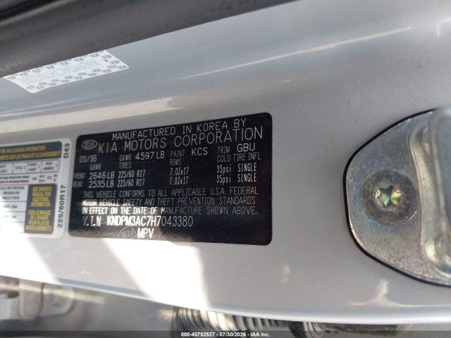 45752527 :رقم المزاد ، KNDPM3AC7H7043380 vin ، 2017 Kia Sportage Lx مزاد بيع