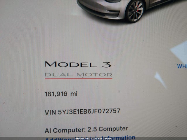 5YJ3E1EB6JF072757 Tesla Model 3 Long Range/performance